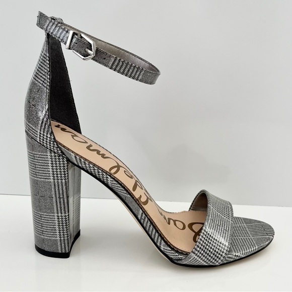 SAM EDELMAN Yaro Ankle Strap Block Heeled Sandal in  Plaid Pewter NEW - Picture 1 of 14